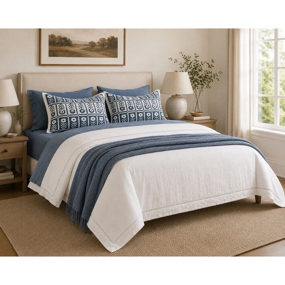 Quince Linen Duvet Cover & Organic Floral Sham Bundle Full Queen Glacier Blue